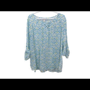 CJ Banks Womens Size 2X Blouse Blue White Roll Tab Short Sleeves Geometric Print